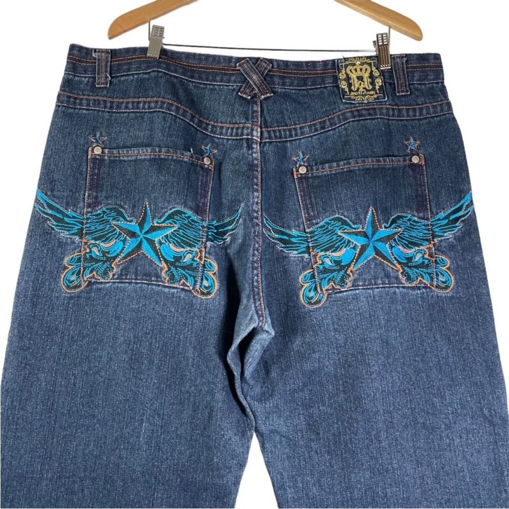 Jinzu Mens Wide Leg Baggy Jeans Size 42 / 29 Blue Embroidered Wings Star Pockets